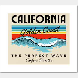 California Golden Coast Retro Surfing Surfer Beach Posters and Art